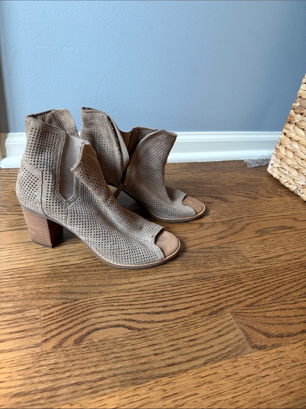 Toms Taupe Perforated Peep-Toe Block Heel Booties